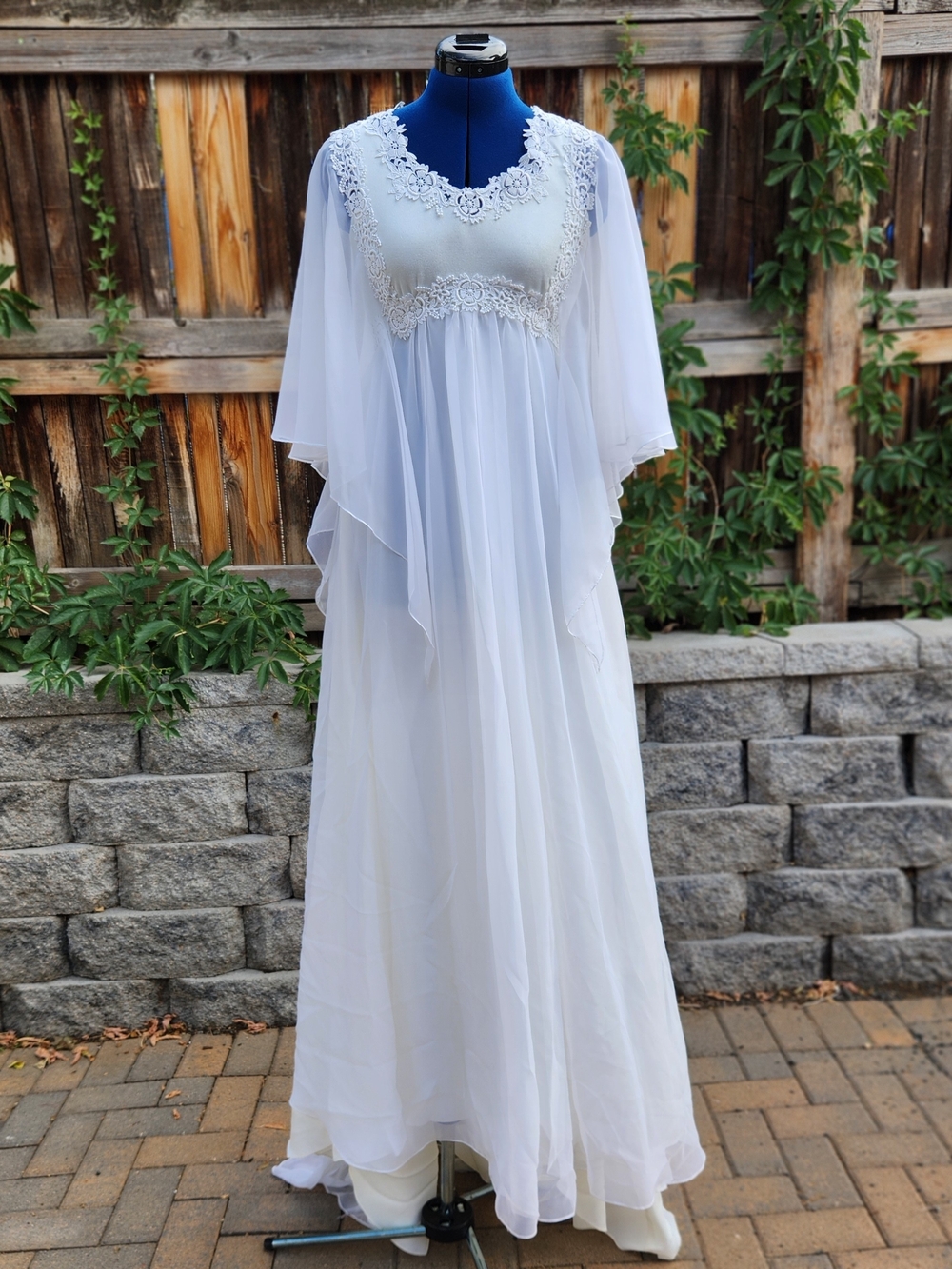 Vintage 70s Empire Waist Dress Lace Sheer Angel Flutter Bell Sleeve Size 10